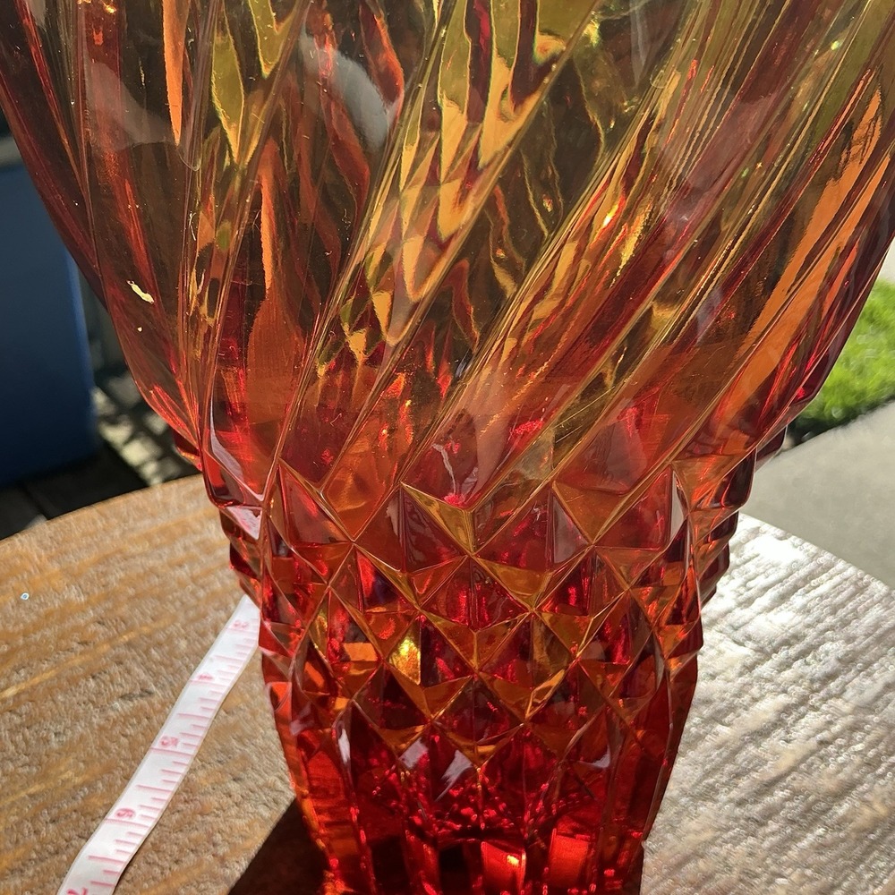 VTG L.E. Smith Amberina Diamond Point Swirl Vase Amber Glass, Heavy Pressed - Picture 13 of 14